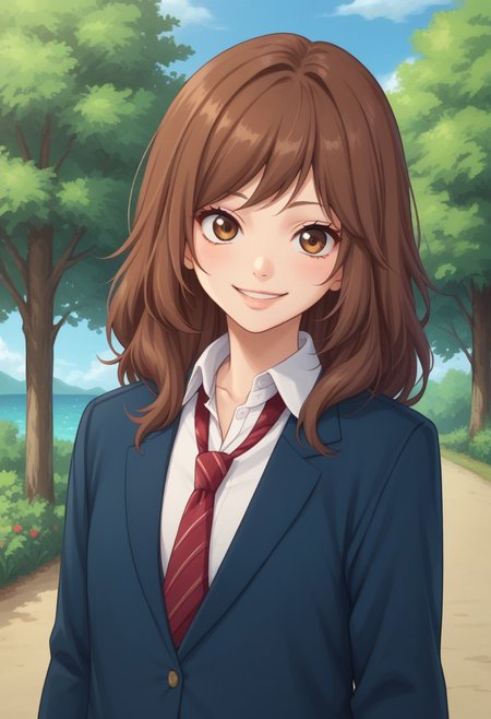 score_9, score_8_up, score_7_up, source_anime, highly detailed, 
futaba, 1girl, solo, brown hair, school uniform, necktie, brown eyes,
jacket,  smile,  red necktie, 
blazer,  standing, looking at viewer,
 long hair, shirt, white shirt, blue jacket, collared shirt,
upper body, outdoor, sky, tree