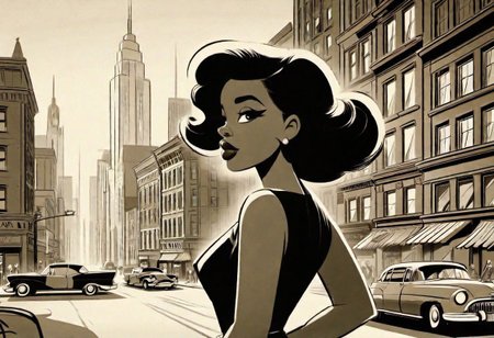 a woman downtown   <lora:BW_Vintage_Cartoon:1.0>
