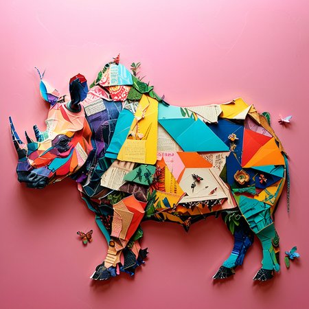 ultra hd quality, high quality pop art nature-inspired mixed media artwork resembling a rhino crafted from multi-coloured pieces of papers,  The overall artwork seems to be a creative representation of nature, blending the organic form of a rhino with the man-made materials of paper and wood,  <lora:TQ_-_Newspaper_Style:1>, geometric golden ratio, japanese-inspired aesthetic, realistic detail, simplistic and minimalistic,  predominantly against a bright pink pop-art background. The rhino's body is intricately,  Surreal Harmony, ImgFixerPre0.3 , <lora:add-detail-xl:0.5>  Surreal Harmony <lora:Surreal Harmony:0.75>, <lora:detailed_notrigger:0.9>  OverallDetailXL,   <lora:xl_more_art-full_v1:0.5>  ,  <lora:Surreal_World:0.85>