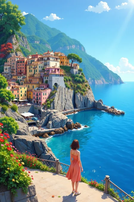 Amalfi Coast, Italy beautiful  anime landscape, bright sunny sky, woman, very intricate, very detailed, sharp, bright, colorful, <lora:Hand v2:0.5> <lora:Anti-Blur:1><lora:Insane Detail Slider:0.25>  <lora:flux.1_lora_flyway_Epic-detail_v2:0.3> <lora:fluxenhancer:0.25> <lora:ROWER:0.6> <lora:watercolor_anime:0.8> watercolor anime style