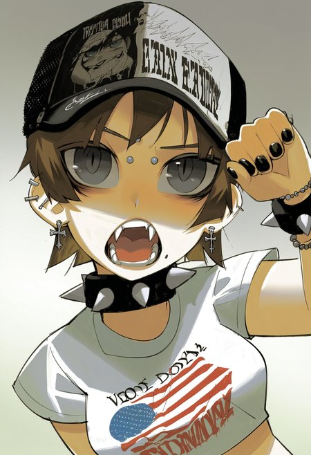 score_9, score_8_up, score_7_up, score_6_up, score_5_up, score_4_up, BREAK
1girl, jewelry, solo, piercing, open mouth, shirt, collar, hat, brown hair, earrings, bracelet, spiked collar, spikes, white shirt, grey eyes, upper body, cross, short hair, eyebrow piercing, cropped shirt, crop top, looking at viewer, short sleeves, gradient background, ear piercing, punk, breasts, black nails, t-shirt, fangs, spiked bracelet, grey background
<lora:vinne_art_style:1>