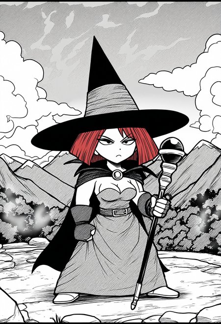 masterpiece, best quality, good quality, amazing quality, monochrome, greyscale, 
<lora:szy_mage_IL:1>szy_mage, 1girl, solo, looking at viewer, chibi,
gloves, dress, hat, medium breasts, red hair, fingerless gloves, cape, witch hat, staff, green dress, witch, holding staff, cleavage, 
BREAK outdoors, mountain, sky, day, cloud,
