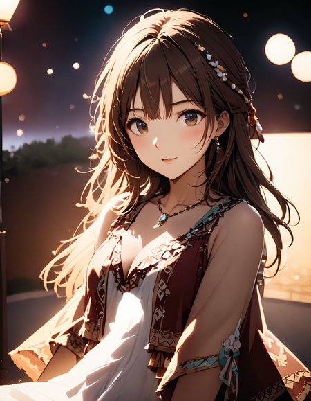 best quality, masterpiece, bohoai hinaigirl, playful theme, 
raw photo of a girl in long shirt which often for ornate details and symbols, flowing long brown hair cascading over her shoulders,
middle distance shot taken by long range lens, high key light, hard shadow, soft bokeh, professional photography, balanced contract, balanced exposure, 
<lora:boho_hinaigirl_v1:1.7>