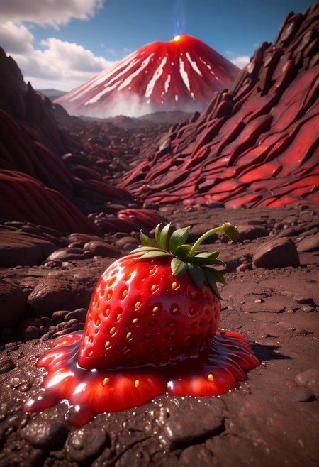 detailed realistic close up of a strawberry shaped like a volcano, natural light, In the heart of a volcanic landscape, our fearless explorer finds themselves amidst a scene of impending chaos. Molten strawberry jam cascades down the mountainside, casting an sticky red jam across the rocky terrain. With sugar and vapor blowing into the sky, the adventurer races against time, navigating treacherous paths strewn with debris as sugary explosions erupt around them, painting the scene with bursts of intense jam and sugar. 
many details, extreme detailed, full of details,
Wide range of colors.
Many details everywhere.  soft shadows. Low saturation colors. Insane quality. Insane resolution. Insane details. Masterpiece. 32k resolution.
Dramatic,Dynamic,Cinematic,Sharp details
 <lora:add-detail-xl:1>