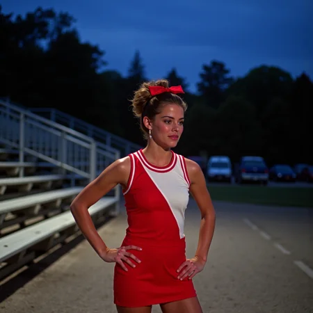 analog film photo 3/4 body shot on vintage Kodak film, a classic 80s cheerleader standing by the school bleachers under cool dusk light, bright red-and-white uniform hugging her athletic frame, voluminous high ponytail tied with a thick satin ribbon, flushed cheeks and soft shimmer eyeshadow, white sneakers scuffed from the court, one hand on hip and pom-poms dangling, subtle lens flare from the parking lot lights behind her, eerie cinematic pause as if frozen between scream and spotlight, beauty and tension balanced in analog stillness
  <lora:final-girlsv2.1:0.9> fgsv3 . faded film, desaturated, 35mm photo, grainy, vignette, vintage, Kodachrome, Lomography, stained, highly detailed, found footage, RAW candid cinema, 16mm, color graded portra 400 film, remarkable color, ultra realistic, textured skin, remarkable detailed pupils, realistic dull skin noise, visible skin detail, skin fuzz, dry skin, shot with cinematic camera