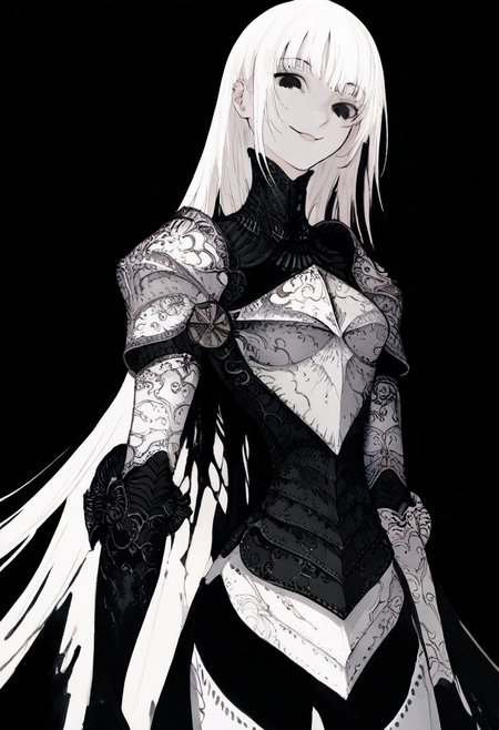 solo, looking at viewer, black eyes, black background, 1woman, long white hair, extremely pale skin, smirking, confident, white and black armor, masterpiece, best quality, very aesthetic, absurdres
 <lora:monfornoob:0.95>