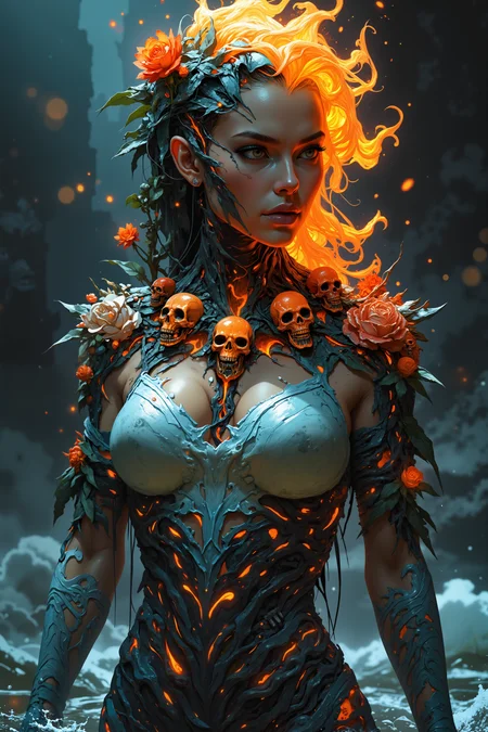 The womanâs body is a surreal blend of fire and water, her skin shimmering with the intensity of glowing embers while cool streams of water cascade down her figure like a waterfall. Flames flicker from her fingertips, and waves ripple from her every step, the two elements constantly intertwining. Her neck is adorned with a fiery necklace of skulls, each one glowing red-hot as if forged in the heart of a volcano. Fiery flowers sprout from her shoulders, their tips burning brightly, while her waist is wrapped in a belt of frozen leaves, crackling as the heat meets their icy surfaces. A soft mist rises around her, where fire and water clash, creating an aura of primal energy. Her breasts are covered by armor of rock.<lora:Anime v1.3:1.2>