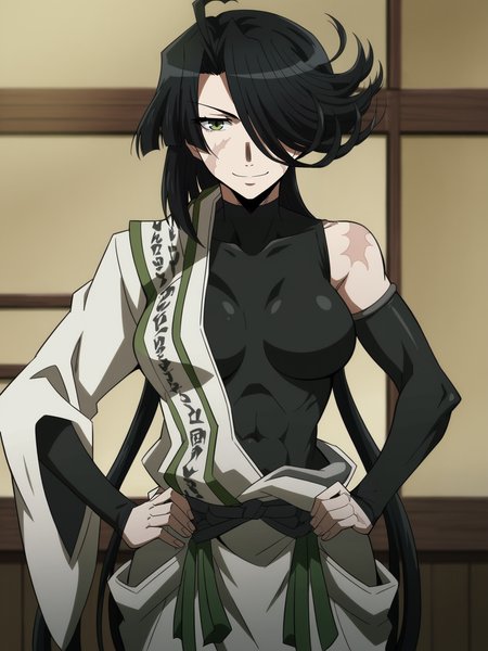 <lora:Sanzou_Sharak-Saiyuuki_Reload_Blast:0.8>,Sharak,1girl,black hair,long hair,scar on face,hair over one eye,green eyes,breasts,bodysuit,japanese clothes,one elbow glove,hands on own hips,smile,looking at viewer