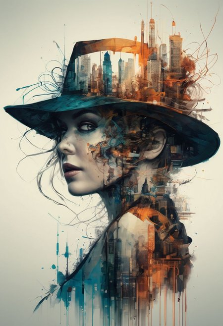 mysterious silhouette woman with hat, by Minjae Lee, Carne Griffiths, Emily Kell, Steve McCurry, Geoffroy Thoorens, Aaron Horkey, Jordan Grimmer, Greg Rutkowski, amazing depth, double exposure, surreal, geometric patterns, intricately detailed, bokeh,  perfect balanced, deep fine borders, artistic photorealism , smooth,  great masterwork by head of prompt engineering   <lora:add-detail-xl:2>  <lora:Double_Exposure:0.5>