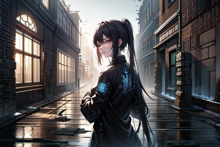 highly insanely detailed, masterpiece, top quality, best quality, highres, 4k, 8k, RAW photo, (very aesthetic, beautiful and aesthetic),  
(code_style,codestyle),traditional chinese text, 
<lora:CodeStyle (half generic class)_564920:0.6>, 
(1girl:1.3), 1other, 
long-shot ruins,building,window frame,cracked window,wall corner,upturned,abandoned,metal,industrial,fence,moody,cracked mud,urban,canalside,london,âââ