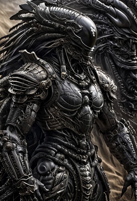 stunning, magnificent, HD, photorealistic, samurai, dramatic lighting, solo, standing alone in a desert, intricate details, intricate armor, intense gaze, mythical, legendary, powerful, ((dark, evening)), cinematic, close-up, art by hr giger,
 armor, science fiction, no humans,
 vintage painting,painting,realism,Americana art,artistic style
