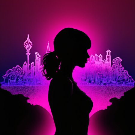 PStyl3, plasmatic neon carnation woman silhouette with a town background  <lora:Maximalist_Drawing_BW:0.85>