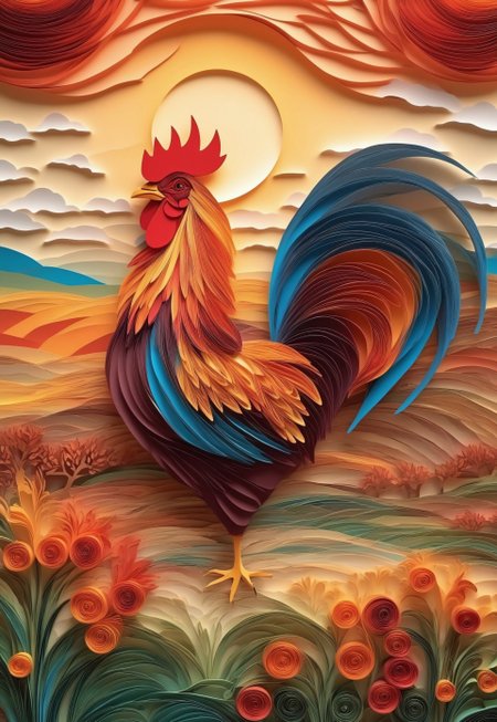 Paper quilling, layered paper. (A rooster crowing at sunrise, with the sun crafted from swirling paper layers). (Background: a farm scene in vivid paper art).

4k, high quality, masterpiece, 
