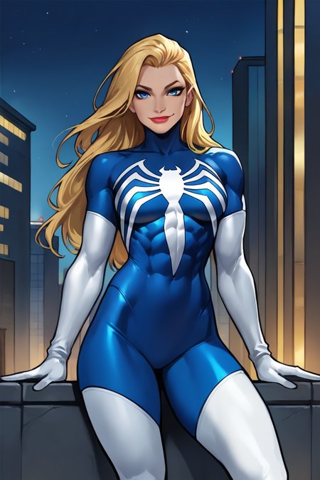 masterpiece, best quality, highres, extremely aesthetic, juliacarpenter, 1girl, solo, long hair, blonde hair, blue eyes, closed mouth, lipstick, breasts, medium breasts, muscular female, blue bodysuit, multicolored bodysuit, spider print, skin tight, white gloves, elbow gloves, thigh boots, looking at viewer, smile, standing, cowboy shot, outdoors, city, building, night, night sky <lora:Spider-Woman (Julia Carpenter) v1.0 [LoRA] - NoobAI-XL EPS 1.0:0.8>