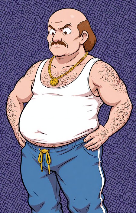 masterpiece, best quality, amazing quality, dutch angle, abstract background, toon style, BREAK
1boy, solo, male focus, mature male, athf_carl, bald, brown hair, mustache, hairy, tank top, overweight, blue sweatpants, gold chain necklace, BREAK 
 <lora:Carl Brutananadilewski - Aqua Teen Hunger Force - ILXL:1>, <lora:koyama01rw:0.8> <lora:VonBoche_-_Style-000007:0.8> vonboche