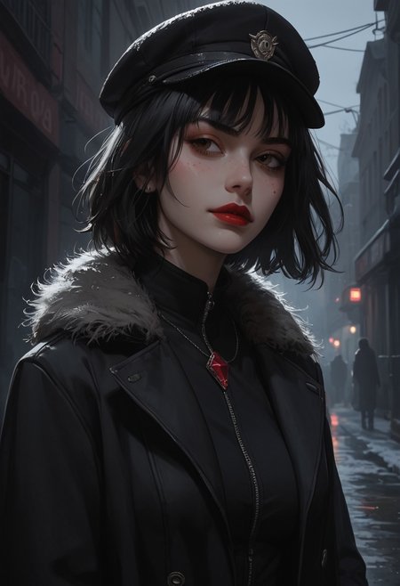 score_9, score_8_up, score_7_up, score_6_up, score_5_up, score_4_up, 1girl, (score_9, score_8_up:1.1) city , dark , evening , night , alley , 20th century , mafia , gloomy lighting , fog , black fog , smoke , haze . beautiful face , round face , painted face , painted face , beautiful lips , painted lips , black hair , short hair , brown eyes , beautiful eyes , detailed eyes , detailed eyes , detailed face , painted eyes , black eye arrows , red lipstick , black coat , long coat , fur coat , black boots , red diamond ring , hand ring , far view, focus on the body, looking away, not looking at the camera,bottom view blush, smug, drung,hat , snow , snowy 