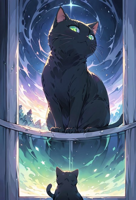 (((masterpiece))), (((best quality))), ((ultra-detailed)), (illustration), (detailed light), ((an extremely delicate and beautiful)), (beautiful detailed eyes), (moonlight), 1 cat, black_cat,cat_shadow, green eyes, on the window, beautiful view, from afar, green aura, painted world, colorful splashes