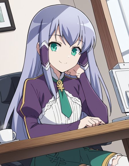 score_9, score_8_up, score_7_up, source_anime, <lora:elze-silhoueska-s2-ponyxl-lora-nochekaiser:1>, elze silhoueska, long hair, blue eyes, green eyes, blue hair, aqua eyes, hair tubes,, skirt, thighhighs, white thighhighs, puffy sleeves, white shirt, necktie, green necktie, purple sleeves, green skirt, frilled skirt, home office, working from home, computer screen, coffee cup, focus, deadline, smile, sitting, elbow rest, table,, looking at viewer, solo,, dutch angle, cowboy shot
