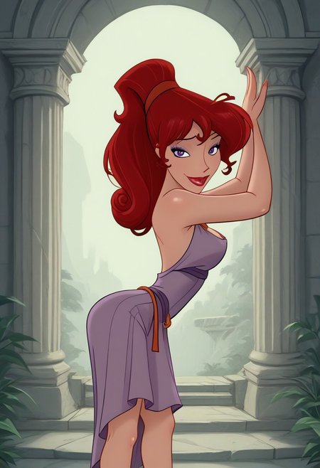 score_9,score_8_up,score_7_up,score_6_up,score_5_up,score_4_up, 1girl, naughty face, front, leaning forward, arms up, sexy pose, leaning forward, very happy, looking at viewer, ruins, broken pillar, dynamic pose, cowboy shot,
 <lora:AMeghanXLP_character:1>, MegXLP, purple eyes, red hair, high ponytail, makeup, purple dress, anime screencap,
 <lora:Dean Yeagle StylePonyLyco:1> dystlye,