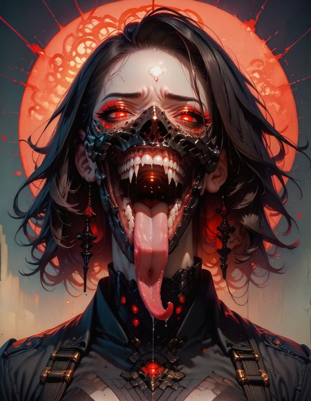 score_9, score_8_up, score_7_up,  embedding:zPDXL, 1girl, solo, looking at viewer, open mouth, black hair, red eyes, sharp teeth, black mask, glowing, portrait, glowing eyes, tongue out, long tongue, saliva   <lora:pony/twilight_style:0.8> <lora:pony/expressiveh:0.8> expressiveh, <lora:pony/BioPunky:0.8> <lora:pony/longtongue_v1>