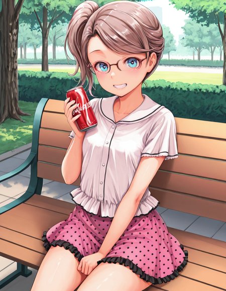 masterpiece, amazing quality, high resolution, park, bench, trees, Soyoka, petite, flat chest, glasses, blue eyes, brown hair, side ponytail, sideswept bangs, frill shirt, polka dot skirt, teeth, sitting on bench, looking at viewer, smiling. holding can of soda
