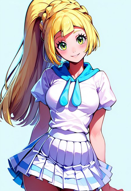 score_9, score_8_up, score_8, medium breasts, (curvy), cute,  eyelashes
zzlillie, long hair, ponytail, French braid, white shirt, short sleeves, white skirt, pleated skirt,
smile, blush, 
looking at viewer, head tilt, 
Expressiveh, zPDXL2