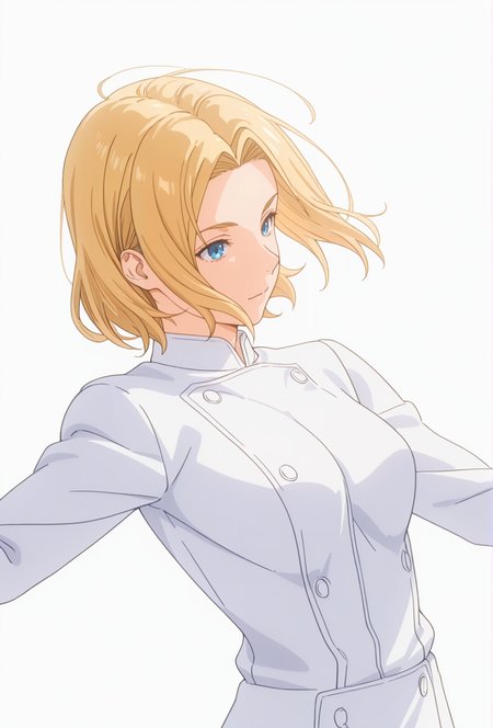Smooth Quality,masterpiece,very intricate, high quality details, ultra realistic, high detailed skin,detailed enviorement,absurdres,
simple background, white background,solo,dancing, wind, 
dynamic angle,+ -,
 <lora:FoodWCNN:0.8> foodwarstylecnn,
 takumi_cnn, 1boy, blonde hair, blue eyes, white jacket