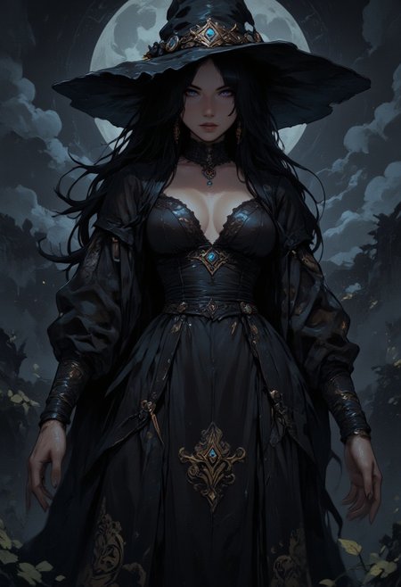 anime style, female, long black hair,  piercing violet eyes, A mysterious woman dressed as a witch, wearing a dark, elegant, long-sleeved sheer dress adorned with intricate golden details, large black witches' hat, long flowing hair, intense and focused expression, dark cloudy atmospheric background, dramatic lighting that highlights her face and costume, centered composition with a medium close-up framing, the mood is mystical and powerful. . 
aidmaMJ6.1, aidmafluxpro1.1