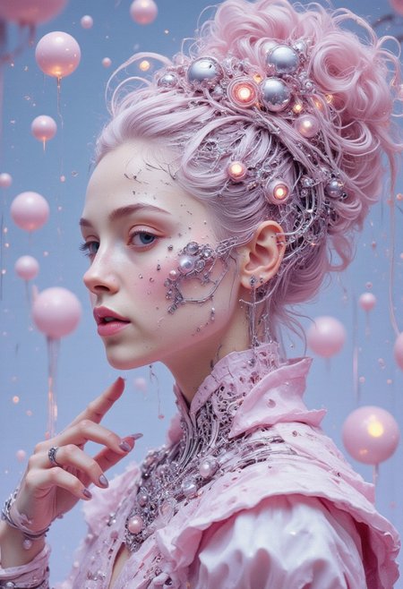 The image is a high-resolution close-up portrait of a pastel sci-fi wired-cyborg Rococo cyborg princess, her face adorned with intricate, metallic filigree that seamlessly merges with her soft, porcelain-like skin. The background is a dreamscape of pastel hues—soft lavenders, powder blues, and pale pinks—evoking a surreal, futuristic elegance. Her hairstyle is a gravity-defying masterpiece, a pastel-pink bouffant interwoven with shimmering, metallic strands and glowing circuits that pulse faintly. She wears an ornate, futuristic crown with filigree patterns that mimic the intricate designs of Rococo art but are composed of sleek, chrome-like materials. Her outfit is a fusion of flowing Rococo gowns and high-tech cybernetic elements: a corset of translucent material that glows faintly, combined with metallic ruffles and programmable, color-shifting fabric that moves as if alive. The neckline is daring, with circuits and glowing accents emphasizing her regal, yet futuristic, aesthetic. Her hand, partly visible, is a sleek cybernetic masterpiece holding a delicate scepter, its translucent tip radiating a soft, pastel glow. Behind her, floating orbs and architectural shapes inspired by Rococo swirls hover, creating a sense of depth and whimsy. The composition is a harmonious blend of sharp, pop-art lines and soft, painterly pastels. The entire scene feels both retro-futuristic and timeless, capturing the fusion of elegance and technology in this spacetime princess.