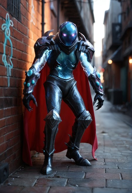 <lora:Arc_Warden_v1:1> arc_warden_v1, 
1boy, no humans, 
glowing,  
claws, 
armor, cape, helmet,gloves, shoulder armor, boots, gloves,, score_9, score_8_up, score_7_up, score_6_up, derpibooru_p_95,
detailed eyes, beautiful, detailed background, perfect eyes,
blur censor, blurry, blurry background, blurry foreground, bokeh, motion blur,
chromatic aberration, depth of field, figure, focused,  focus
photography, realistic sun light and shadows, photorealism, UHD --ar 9:16 --style raw --stylize 700,
solo,
against wall, brick wall, graffiti, dim lighting, alley, dynamic sexy pose, (performing a sexy k-pop dance on a busy city street:1.5)