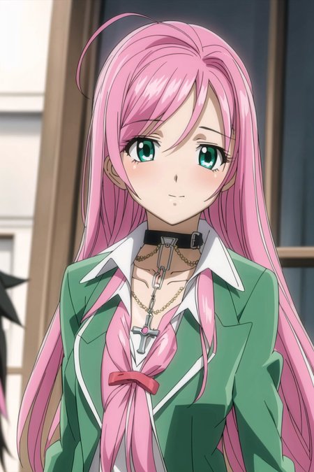 Moka, 1girl, solo, long_hair, jewelry, school_uniform, green_eyes, collarbone, jacket, pink_hair, ahoge, choker, necklace, collar