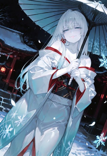 masterpiece, best quality, good quality, newest, highres, absurdres, volumetric lighting,gradient color,
BREAK 
raytracing, volumetric lighting, ambient occlusion, girl, luminescent background, masterpiece, best quality, very awa, absurdres, 
BREAK
Yukinoshita Yukino, Yuki-onna colored skin, (white skin:1.3), solo, long hair, white hair, blue eyes, luscious lips, model style,
 evil eyes, evil, bullying, sinister, 
BREAK
masterpiece,amazing quality,best quality,ultra-detailed,8K,illustration,CG,shiny hair,clear skin,ultra-detailed-eyes,simple background,cute girl, eyelashes
BREAK,
long kimono, outdoors, shrine, night, moonlight, dutch angle, dark theme, high contrast, holding umbrella, snowflakes, snow, bare shoulder, looking at viewer, petals falling, , smile, half-closed eyes, sash,