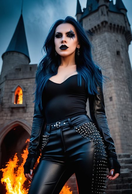 (Confident, strength, perky breasts, lips, long  hair, gothic:1.2), Stunning female model. black leather pants. Spiked pauldrons. Gothic face paint. Standing in front of a gothic castle. Pyrotechnics in the background, bursts of flame . (((Screaming at the viewer))). Looking at viewer. Erotic, seductive, sensual. Highly detailed beautiful expressive eyes. Wet look hair. Studio quality dynamic lighting. Sterile, portrait photography. 8k, RAW photo, best quality, ultra high res, intricate, photorealistic, masterpiece, ultra-detailed, crisp.