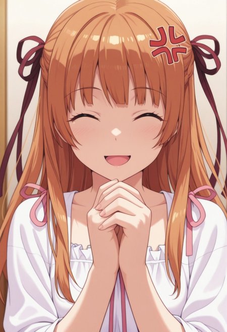 masterpiece,best quality,amazing quality, sumizome akemi, amber hair, long hair, 1girl, closed eyes, anger vein, solo, open mouth, hair ribbon, ribbon, smile, own hands together, false smile