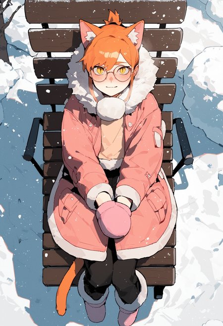 score_9, score_8_up, score_7_up, 
1femboy, skinny, light orange cat ears, light orange cat tail, short ponytail, air_bangs, (light orange hair), yellow eyes, slit pupils, round glasses,
pink jacket, down jacket, fur hood, fur collar, fur boots, pants, pink mittens, 
winter forest, snowfall, sun, cloud,
mouth vapour, blush, looking at viewer,
lying on bench, from above,
front view, full body,
<lora:Expressive_H:0.3>,<lora:Gogalking_-_style:0.8>, gogalking,