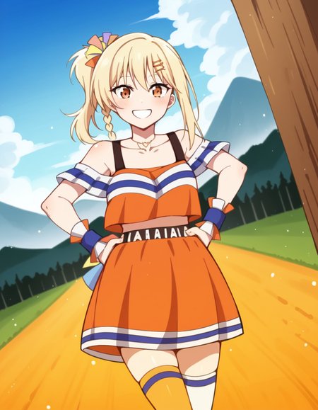 score_9, score_8_up, score_7_up, source_anime, <lora:ai-miyashita-saikou-heart-mv-ponyxl-lora-nochekaiser_r1:1>, ai miyashita, bangs, blonde hair, hair ornament, orange eyes, braid, sidelocks, medium hair, side ponytail, orange eyes, french braid,, skirt, thighhighs, jewelry, collarbone, necklace, off shoulder, tank top, wristband, cheerleader, pom pom (cheerleading), orange skirt, gyaru, heart necklace, mountain, rock, height, snow, trees, smile, hands on stomach, blush,, looking at viewer, solo,, dutch angle, cowboy shot
