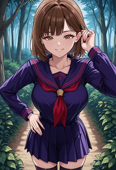 bright colors, detailed background,, volumetric light, vivid colours, standing,
looking at viewer, outdoors, overcast, dark, forest, vines, ponypositive, solo, solo focus, open hand on hip, hand adjusting hair behind ear, single eyebrow lifted, smirk,
ioriyoshRL, 1woman, solo, brown hair, brown eyes, standing, smile, thighhighs, school uniform, purple serafuku,
best quality, hyper detailed, ambient stylish expressive lighting, absolutely eye-catching masterpiece, body extremely close-up view, (facing viewer), forward, face extremely close-up shot, chest focus, selfie,