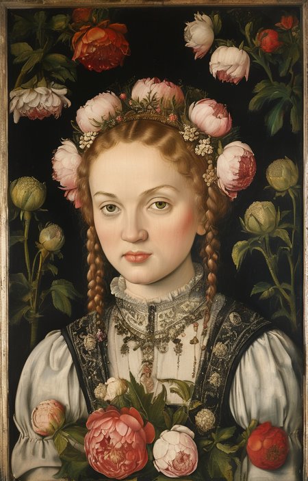 masterpiece,best quality,<lora:tbh283-sdxl:0.9>,illustration,style of Lucas Cranach the Elder decaying peonies