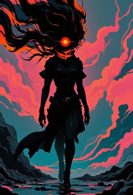 M100-style, a towering eerie Silhouette of a Busty female rogue soldier in the style of ck-mgs, with translucent dark neon spectral rgb orange/pink billowing Hair and with ethereal billowing Planethead, planet-head, cyclops, Walking over water of a ghostly hazy lake, atmospheric lighting, volumetric lighting, atmospheric haze, Closeup Princess with billowing Aura, masterpiece, extremely high-quality RAW, 4k, sharp focus, high resolution, with film grain, creating a hyperpunk scene with desaturated dark turquoise and yellow details, with vibrant colors,