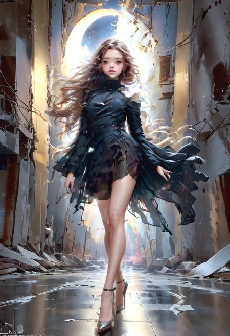 score_9, score_8_up, score_8_up, beautiful girl, futuristic model, wild playful hair, in an action spell-casting pose, summoning her magics, glowing light swirl in orbit around her, sly smile. Beautiful and dangerous atmosphere. Standing in the shadow of a wrecked building, water gushing like waterfalls from high up the building. A large partially shattered moon in the sky. From below. Resplendent spotlight highlighting, cinematic composition and lighting. Masterpiece. 8k. Very detailed.