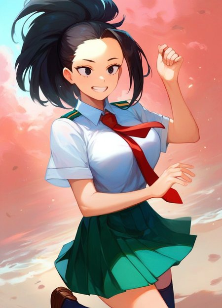 score_9_up, score_8_up, score_7_up, dynamic pose, upper body, 1girl, (solo), human, yaoyorozu momo\(boku no hero academia\), black hair, long hair, ponytail, black eyes, large breasts, smiling, teeth, u.a._school_uniform, short sleeves, white collared shirt, red necktie, green skirt, pleated skirt, black socks, brown loafers, rating_questionable, (outside, on the ocean, midday, sunny)