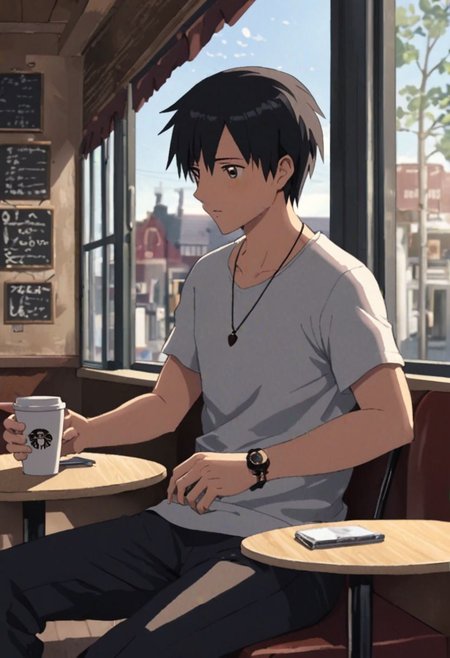Highres, Masterpiece, High Quality, 4K, 8K, solo, 1Boy, Takaki Toono, adult, black hair, short hair,  cafe, corner cafe, room corner, corner room, hang out, tables, chairs, sofas, pillows, window views, comfortable, coffee cups, casual wear, small simple necklaces, bracelets, watches, easynegative, detailed_eye_model
