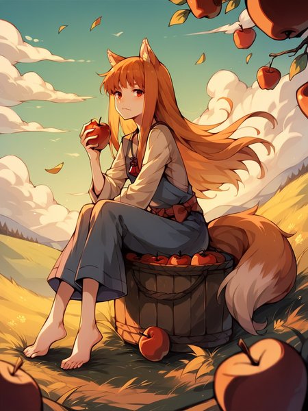 score_9, score_8_up, score_7_up, score_6_up, score_5_up,   <lora:HoloXLP:1> holo, 1girl, wolf ears, long hair, solo, red eyes, ginger hair, wolf tail, apple, barefoot