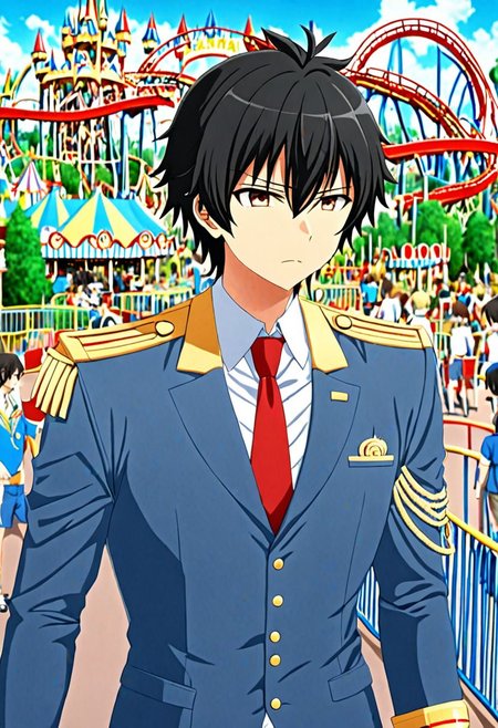 high resolution, solo, best quality, 1Boy, Seiya Kanie, black hair, short hair, thin, Manager, Wihite Shirt, Blue Jacket, theme park, gold aiguillettes, red tie, OverallDetail