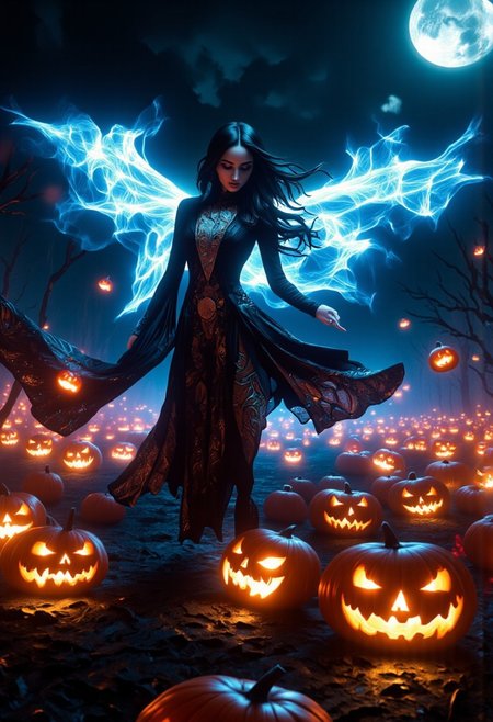 score_9, score_8_up, score_7_up, full body, long shot, 
white Halloween ghosts gliding over a pumpkin patch