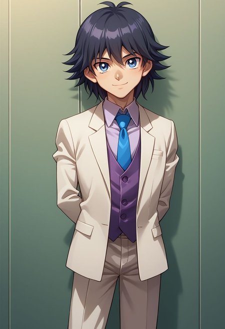 score_9, score_8_up, score_7_up, source_anime, highly detailed,
mokuba, solo, necktie, suit, formal, blue eyes, male focus, 1boy, pants smile, arms behind back, reverse trap, black hair
inside,