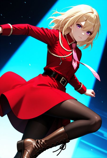 <lora:Jill Savelle:0.9>, CDE_JE,purple eyes,medium hair,blonde hair,hair between eyes, black pantyhose,pink necktie,red dress,cross-laced footwear,belt,military uniform, 
general, dutch angle, from front,, dynamic pose, 
masterpiece, best quality, absurdres, highres, very aesthetic, high quality, detailed, insanely detailed, beautiful, 
(photo background:0.3), depth of field, volumetric lighting, 
<lora:noobai_vpred_1_masterpieces_v1:1>, very awa, 
<lora:noob1.1-lineart_adjust1-mki:-0.5>, 
<lora:IllustriousTweakerLora_v4-detail_1457119:0.8>, <lora:LECO_StickClotch:1.5>, <lora:LECO_Particles:1>,