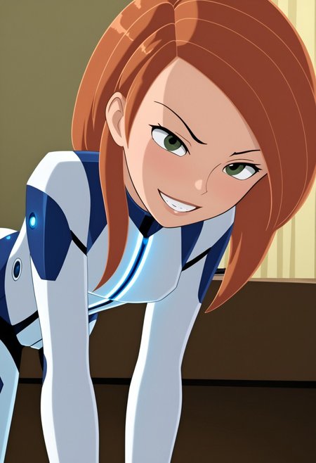 kim,  small breasts, 
Battlesuit,
solo, short, athletic, blushing,  expressiveh, close up view down shirt, bent over, chest focus view, bedroom, 
bedroom, on bed, naughty look, grin