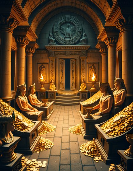 A hidden treasure chamber deep within an ancient temple, illuminated by the warm golden glow of torches and mystical blue light from enchanted crystals. The room is filled with piles of gold coins, jewel-encrusted goblets, and ancient artifacts covered in dust. Massive stone statues of forgotten deities guard the chamber, their eyes glowing faintly as if watching intruders. In the center, a grand pedestal holds a legendary artifactâan ornate golden crown encrusted with emeralds and sapphires, shimmering with an otherworldly aura. The walls are adorned with intricate carvings depicting lost civilizations, and creeping vines hint at centuries of abandonment. The atmosphere is mystical and slightly eerie, with a sense of both wonder and danger. The air is thick with the scent of aged parchment and burning incense, adding to the chamberâs ancient and mysterious feel. Cinematic lighting with dramatic shadows enhances the depth and richness of the scene, creating a visually stunning and immersive environment.
<lora:SDXLFaeTastic2400:0.4> <lora:extremely_detailed:0.4> extremely detailed,treasure ch4mb3r, <lora:treasure_ch4mb3r-i:1>, Masterpiece,best quality,hi res,8k,hi res,8k,award winning,(sharp focus, intricate, highly detailed),