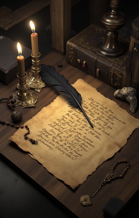 CGI rendering of a dark, mystical scene. At the center is an aged, yellowed piece of parchment with handwritten text in an old, faded ink. Resting atop the parchment is a long, black feather quill, its tip pointing towards the text. The quill has intricate details, with fine lines and a metallic sheen, suggesting a sense of luxury and importance.To the left of the parchment, there is an ornate, antique candlestick with a lit candle, casting a warm, golden light that illuminates the scene. The candlestick is made of bronze or a similar metal, with intricate designs and a textured surface. Adjacent to the candlestick is a small, closed book with a dark, leather-like cover, and a delicate, beaded necklace draped over it., 
In the background, there is a wooden table with a rustic texture, which adds to the aged, historical ambiance. A few other items, such as a small, spherical bead necklace and a small, round, possibly magical symbol, are scattered around the table, enhancing the mysterious and magical atmosphere of the scene. The overall color palette is dominated by dark browns, golds, and blacks, with highlights of warm candlelight., <lora:aidmaImageUpraderv0.3:0.4>, aidmaimageupgrader, <lora:diffusion_pytorch_model:1>, <lora:aidmaMJ6.1_v0.5_3:0.7>, aidmaMJ6.1, ultra quality, ultra detailed, intricate details